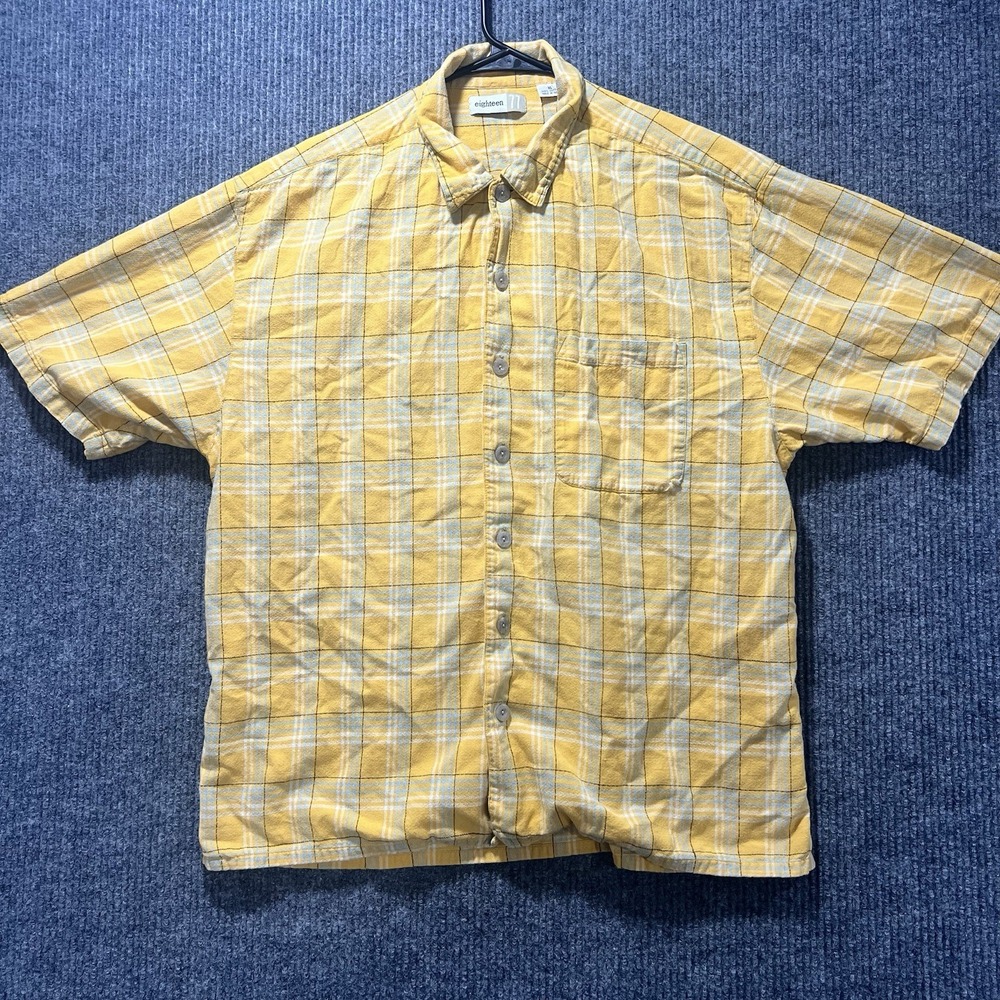 Yellow Plaid Men's Button Up Short Sleeve Shirt By Eighteen Size XL
